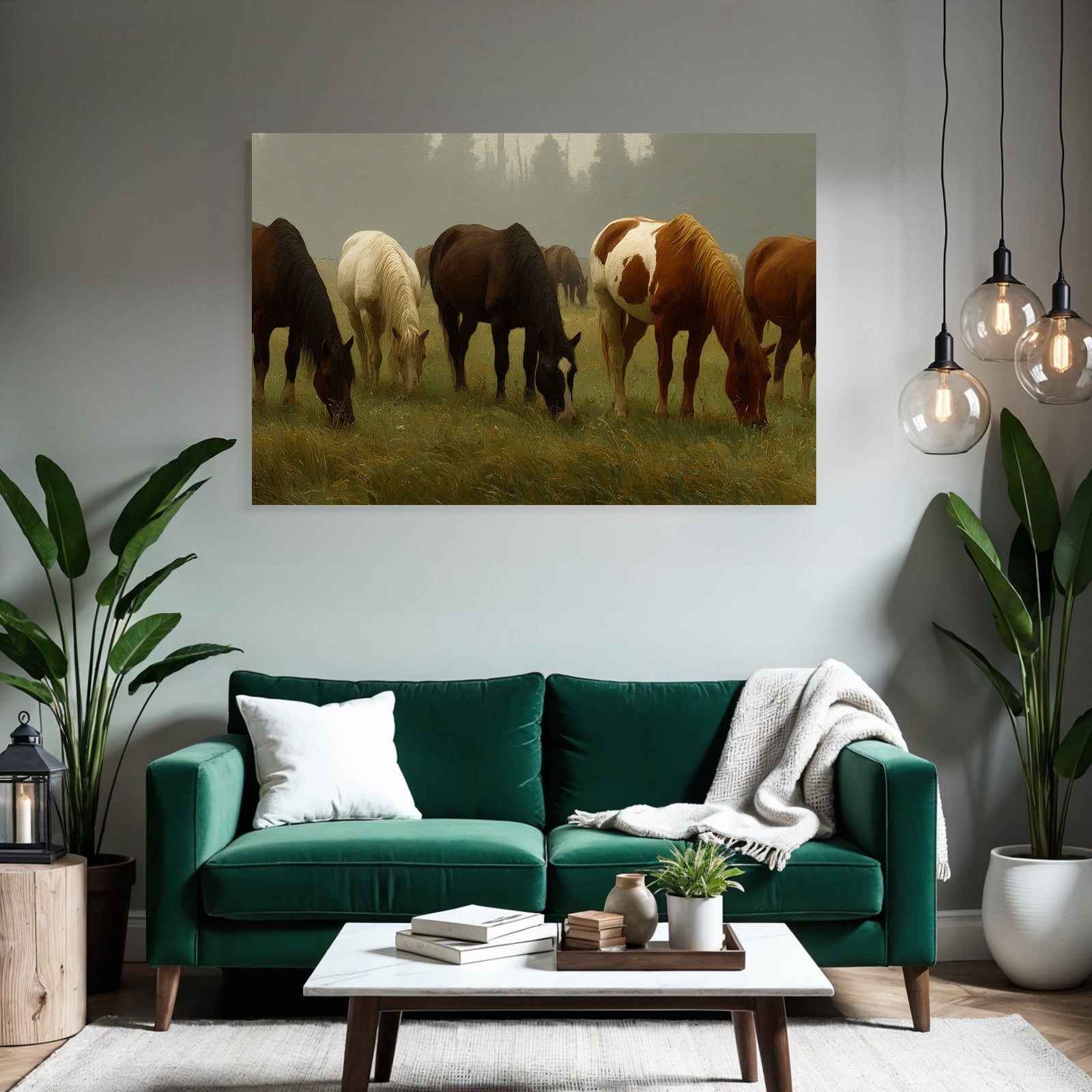 Pferde Grasen In Nebliger Landschaft Impressionistische Kunst