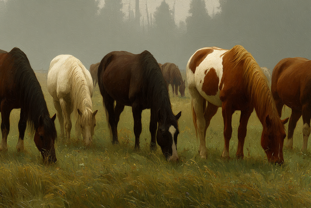 Pferde Grasen In Nebliger Landschaft Impressionistische Kunst | Klassisch | Einrichtungsstile