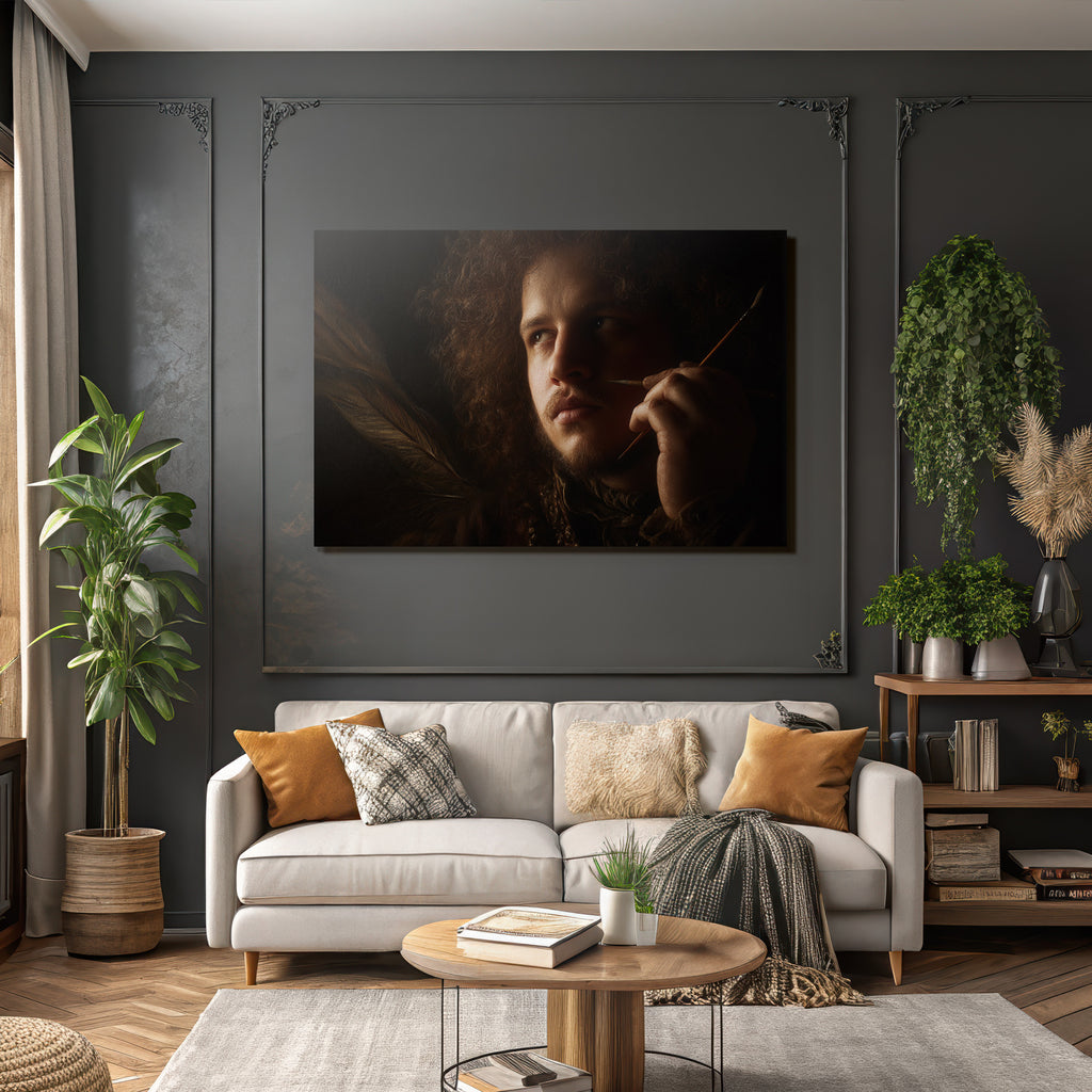 Portraet Einer Person Mit Lockigem Haar Mit Pinsel In Haendem