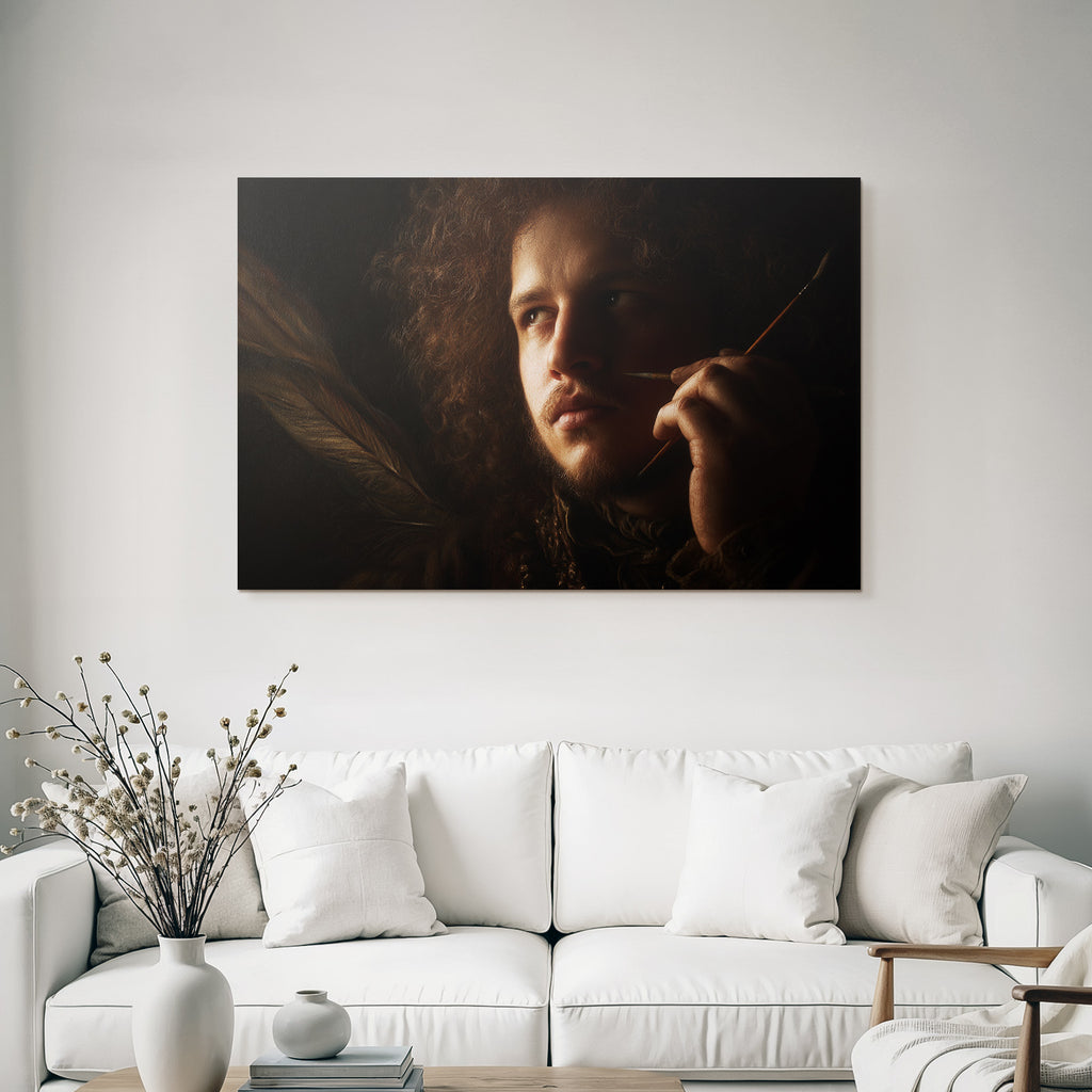Portraet Einer Person Mit Lockigem Haar Mit Pinsel In Haendem