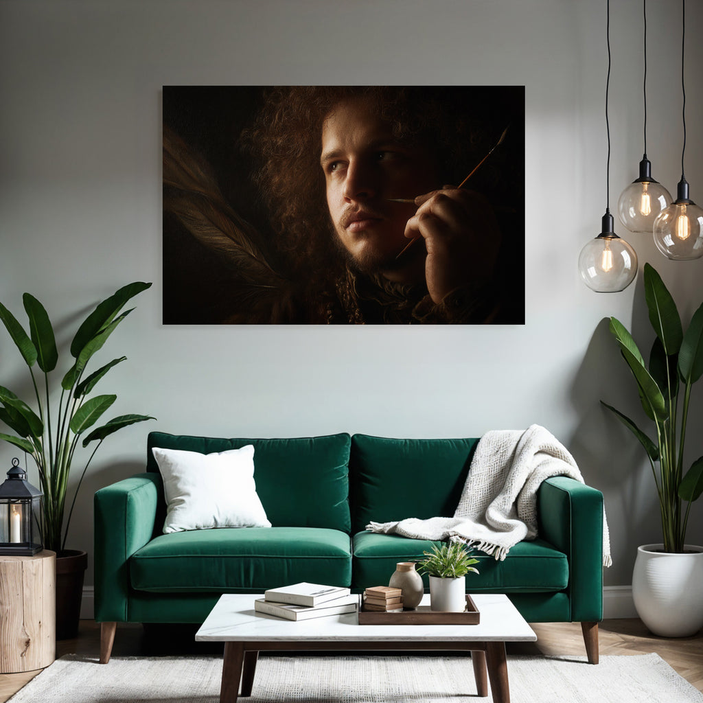 Portraet Einer Person Mit Lockigem Haar Mit Pinsel In Haendem