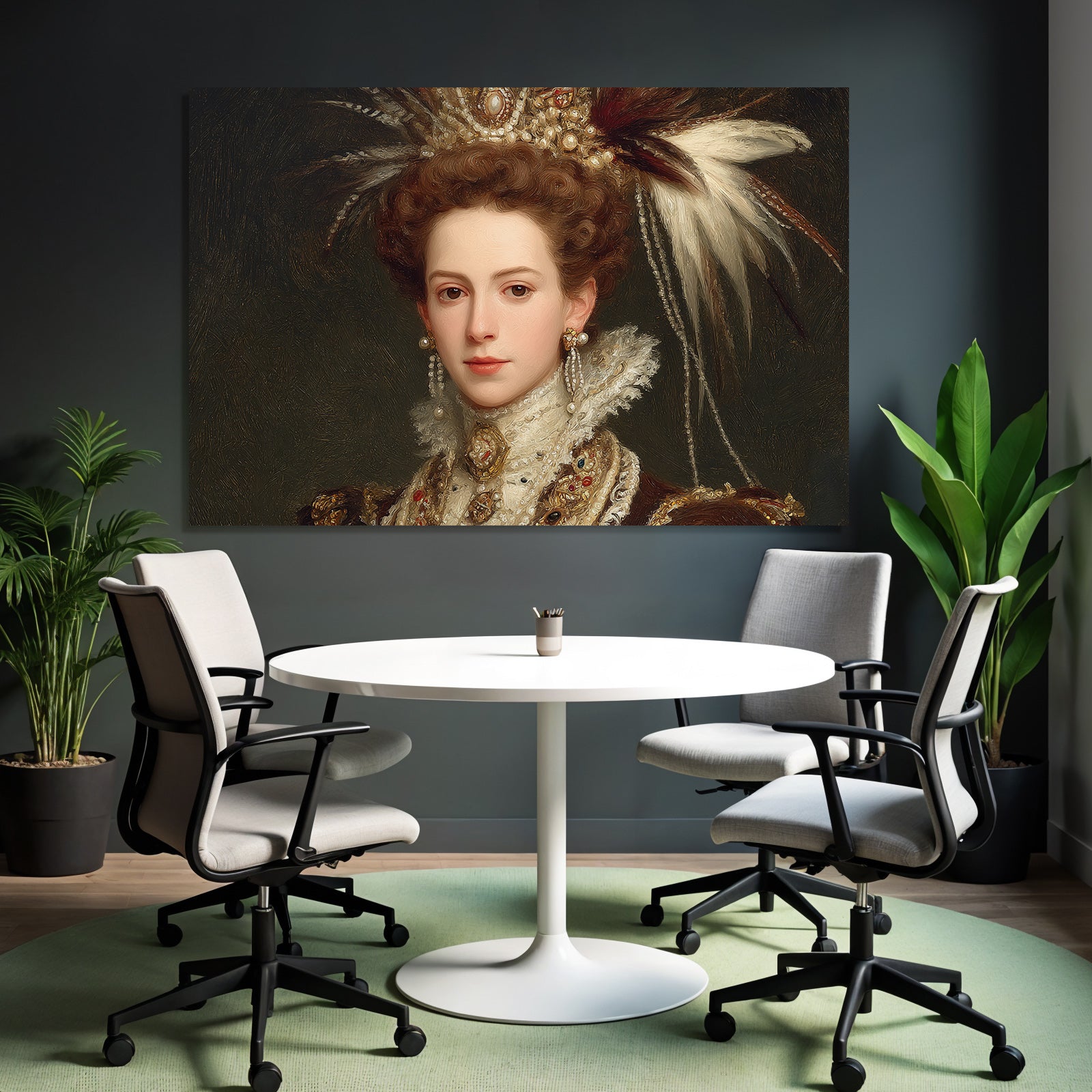 Portrait Einer Frau In Opulenter Kleidung Mit Schmuck Und Kopfputz