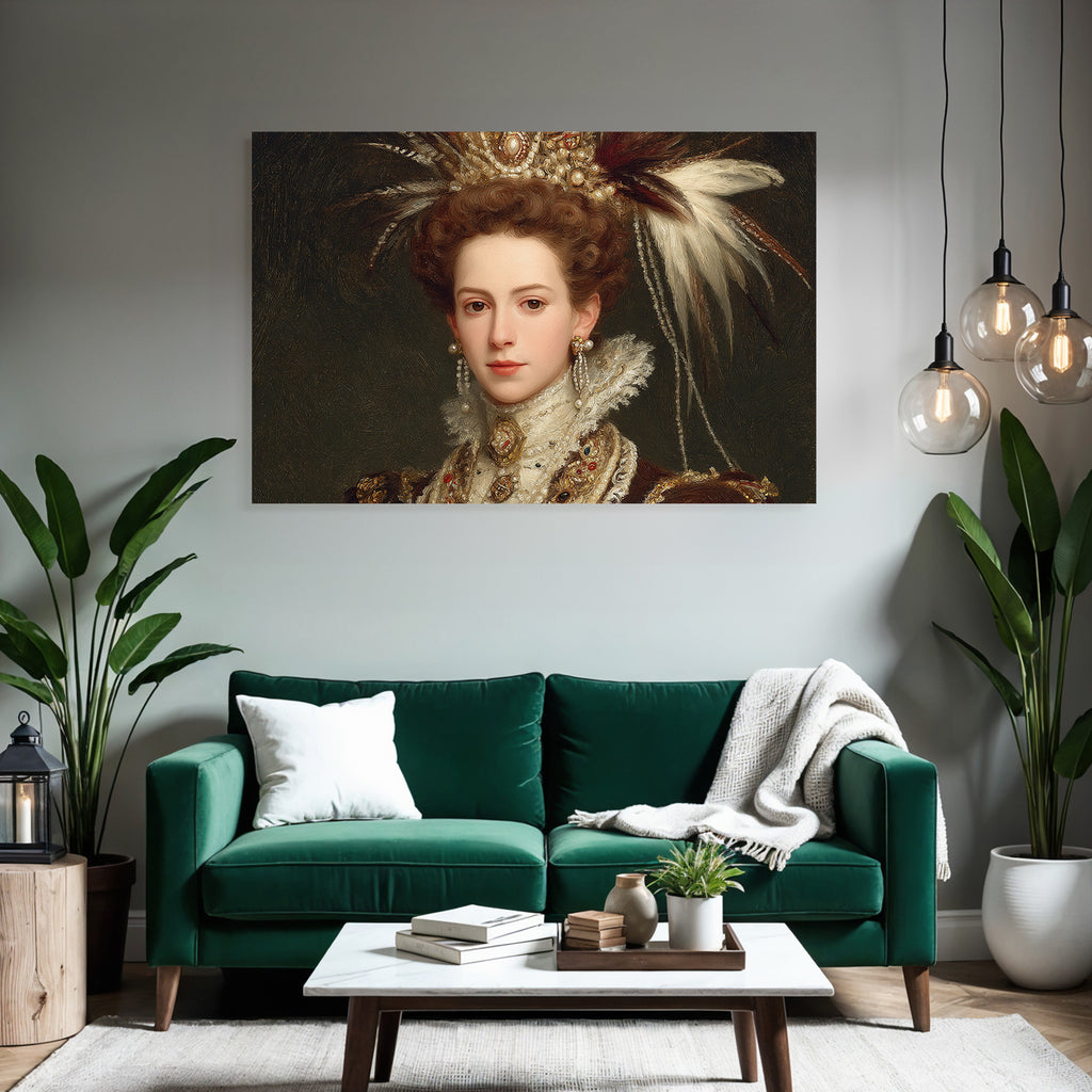 Portrait Einer Frau In Opulenter Kleidung Mit Schmuck Und Kopfputz