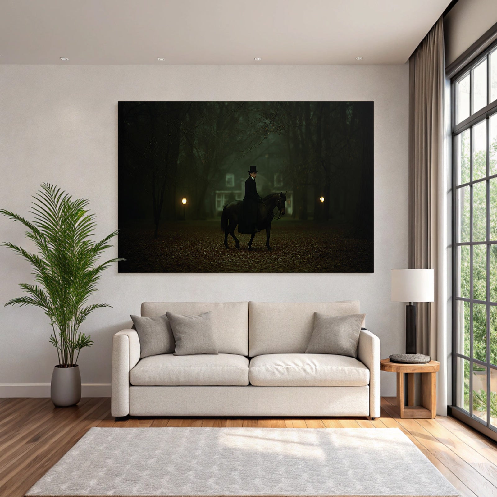 Reiter Im Nebligen Wald Mit Top Hat Full Moon Atmosphaerisch