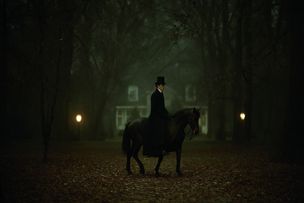 Reiter Im Nebligen Wald Mit Top Hat Full Moon Atmosphaerisch | Klassisch | Einrichtungsstile