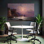 Ruhige Meerlandschaft Im Daemmerlicht Mit Felsen Und Boote