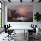 Ruhige Meerlandschaft Im Daemmerlicht Mit Felsen Und Boote