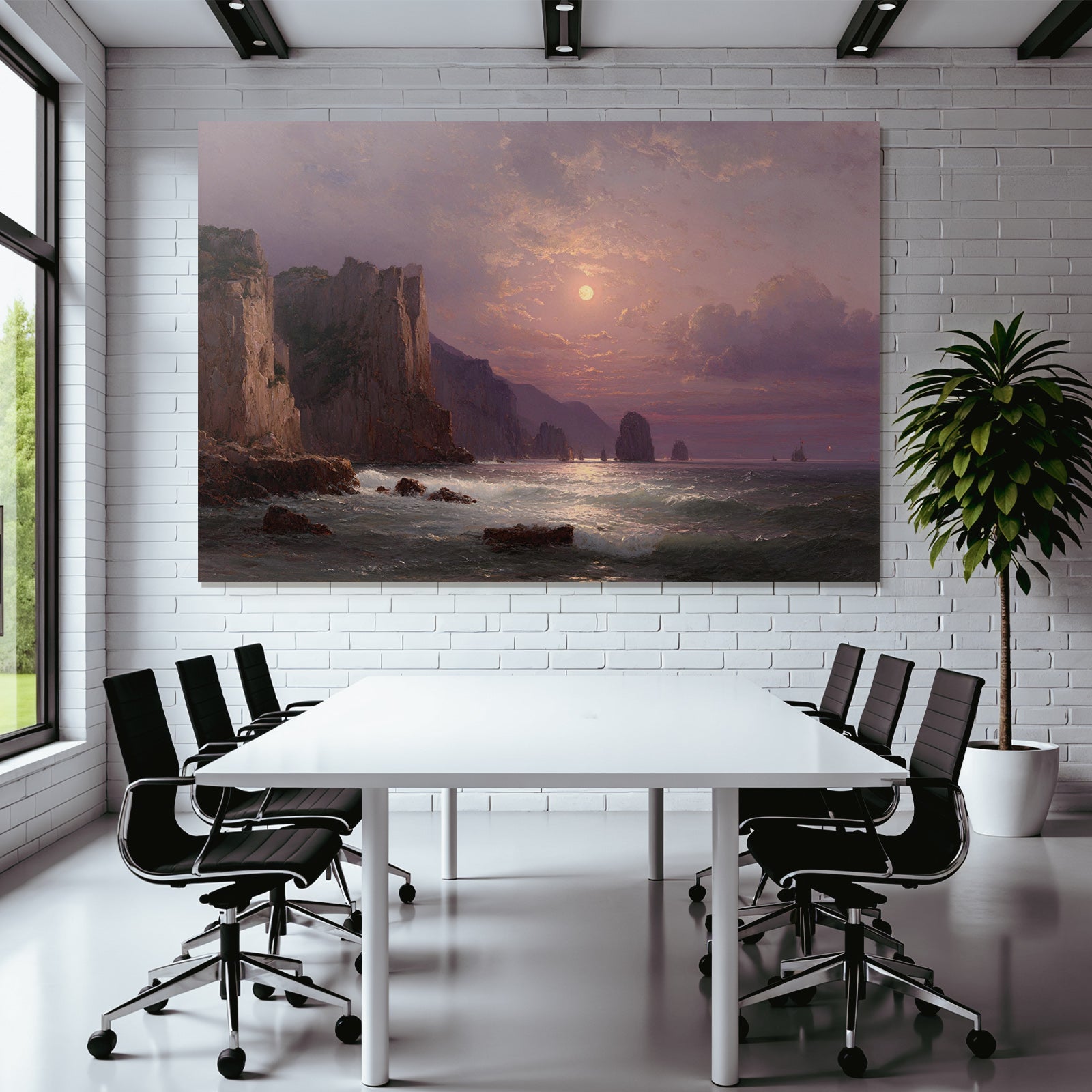 Ruhige Meerlandschaft Im Daemmerlicht Mit Felsen Und Boote