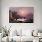 Ruhige Meerlandschaft Im Daemmerlicht Mit Felsen Und Boote