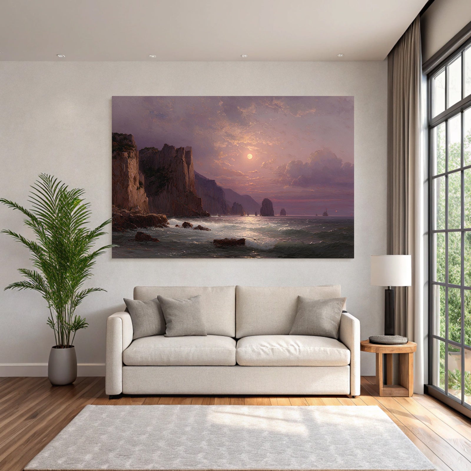 Ruhige Meerlandschaft Im Daemmerlicht Mit Felsen Und Boote