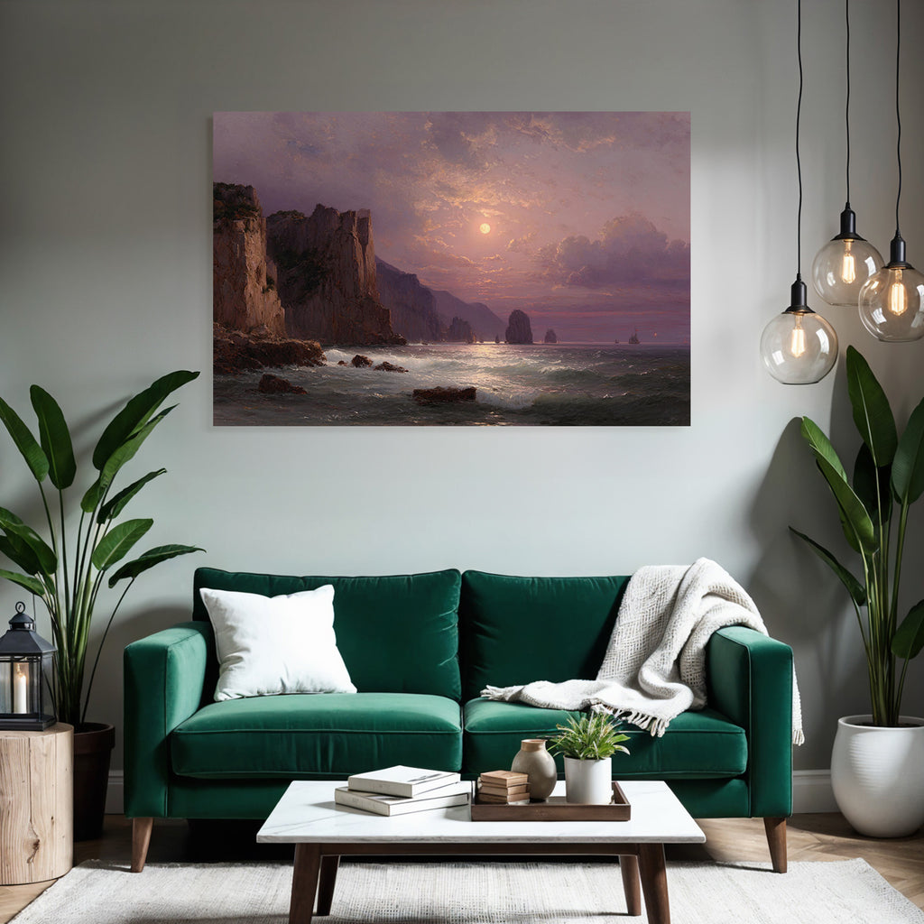 Ruhige Meerlandschaft Im Daemmerlicht Mit Felsen Und Boote