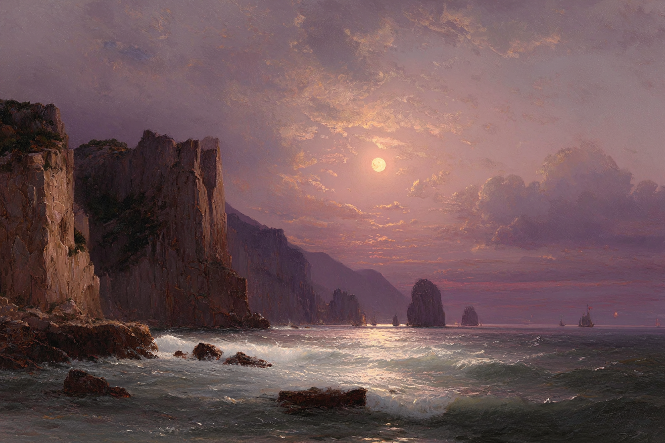Ruhige Meerlandschaft Im Daemmerlicht Mit Felsen Und Boote | Klassisch | Einrichtungsstile