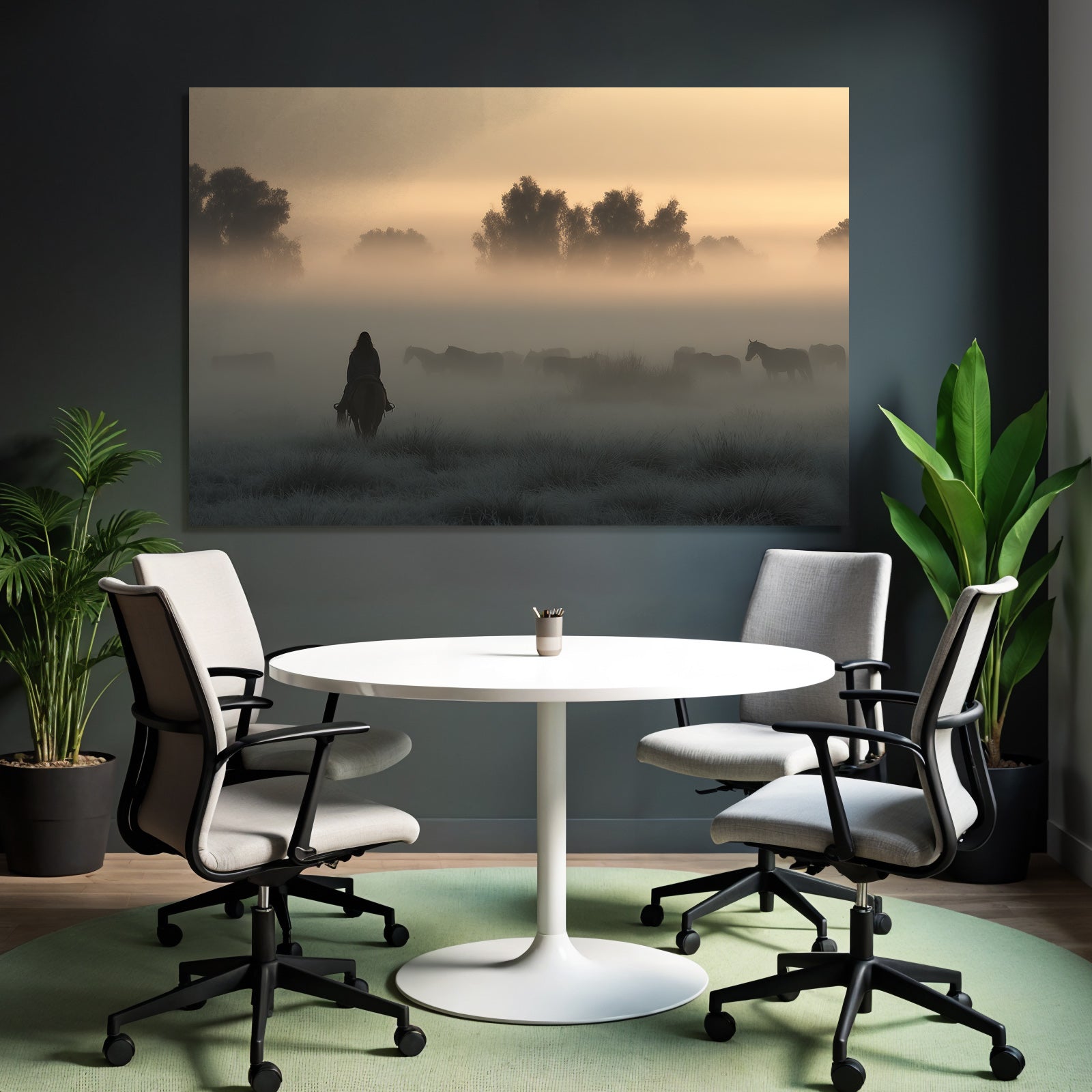 Ruhige Nebelige Landschaft Am Morgen Mit Reiter Und Pferden