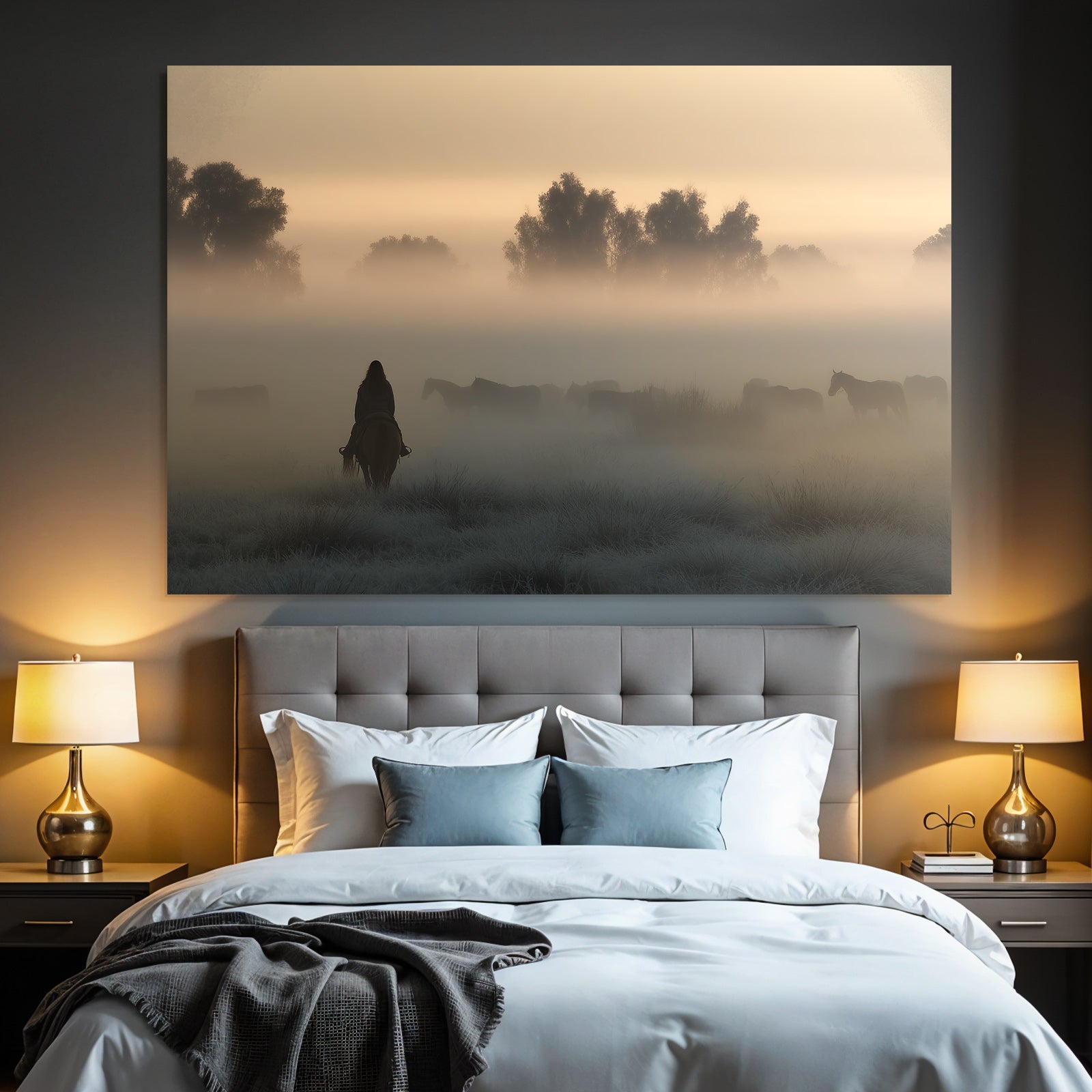 Ruhige Nebelige Landschaft Am Morgen Mit Reiter Und Pferden