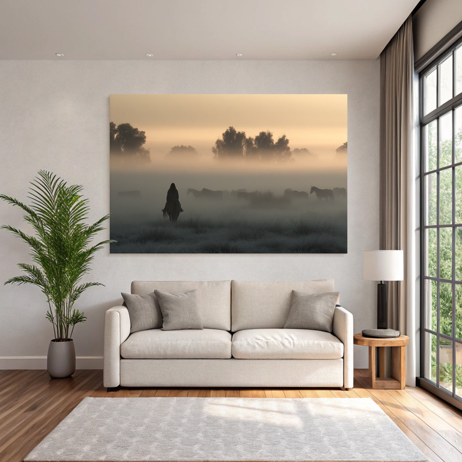 Ruhige Nebelige Landschaft Am Morgen Mit Reiter Und Pferden