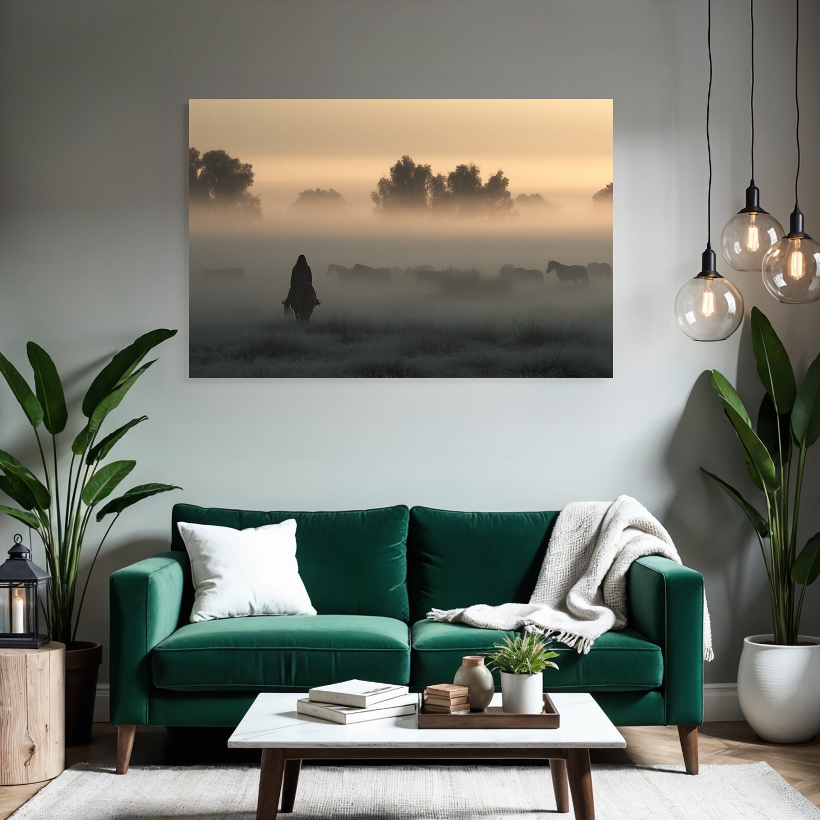 Ruhige Nebelige Landschaft Am Morgen Mit Reiter Und Pferden