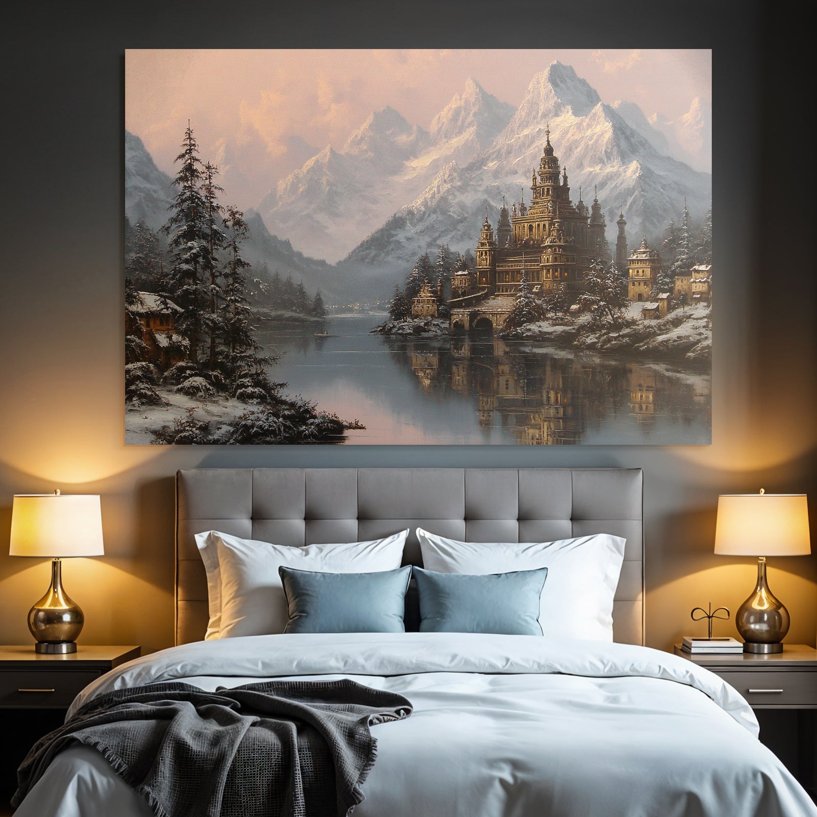 Schneelandschaft Mit Burg Und Bergen Reflektion Im See
