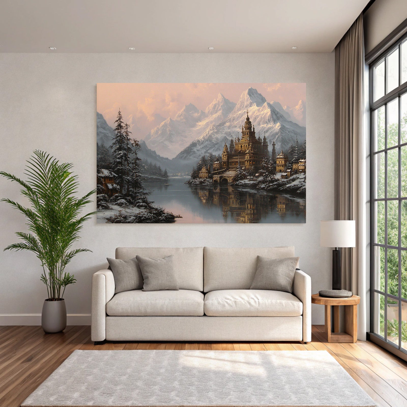 Schneelandschaft Mit Burg Und Bergen Reflektion Im See