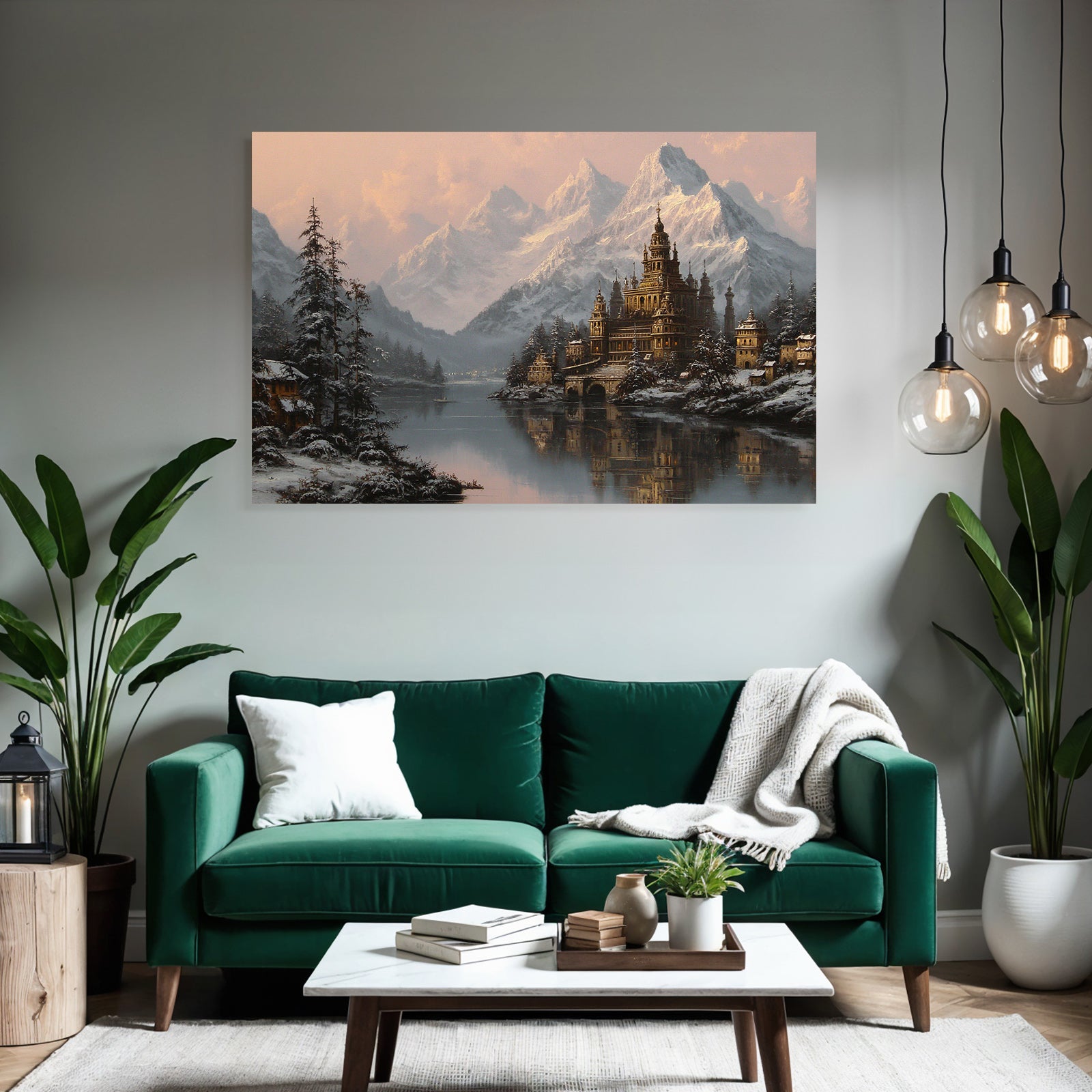 Schneelandschaft Mit Burg Und Bergen Reflektion Im See