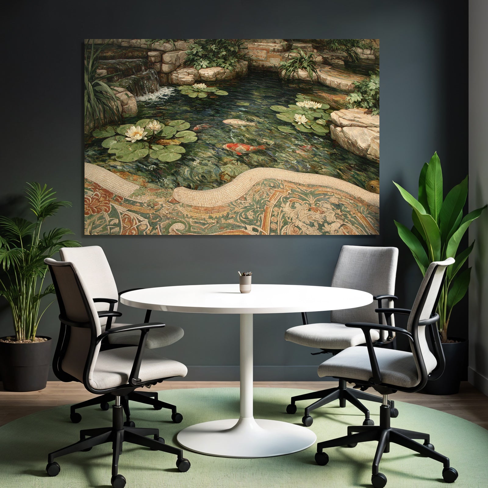 Schoene Landschaft Mit Teich Wasserlilien Koi Fische Umgebung