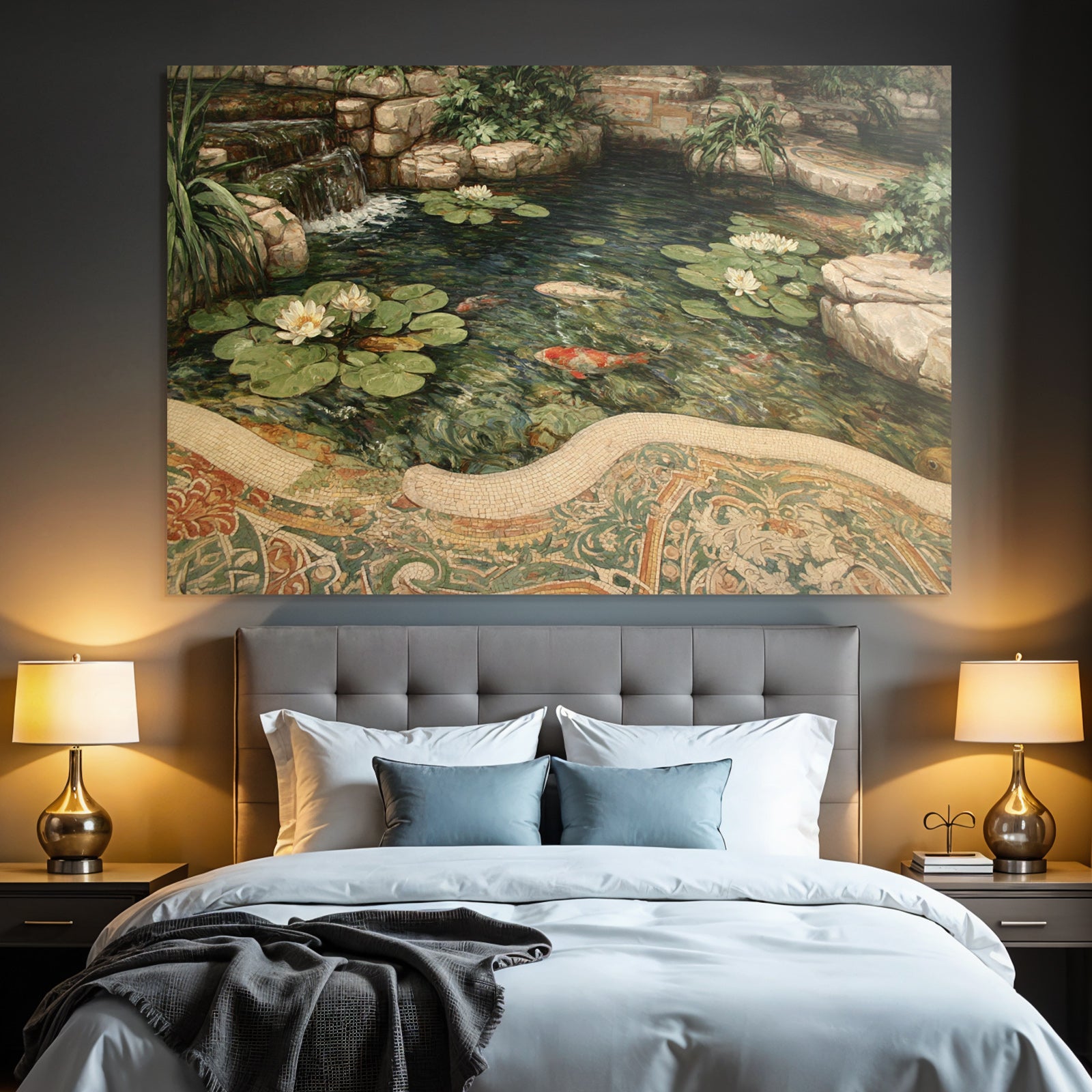 Schoene Landschaft Mit Teich Wasserlilien Koi Fische Umgebung