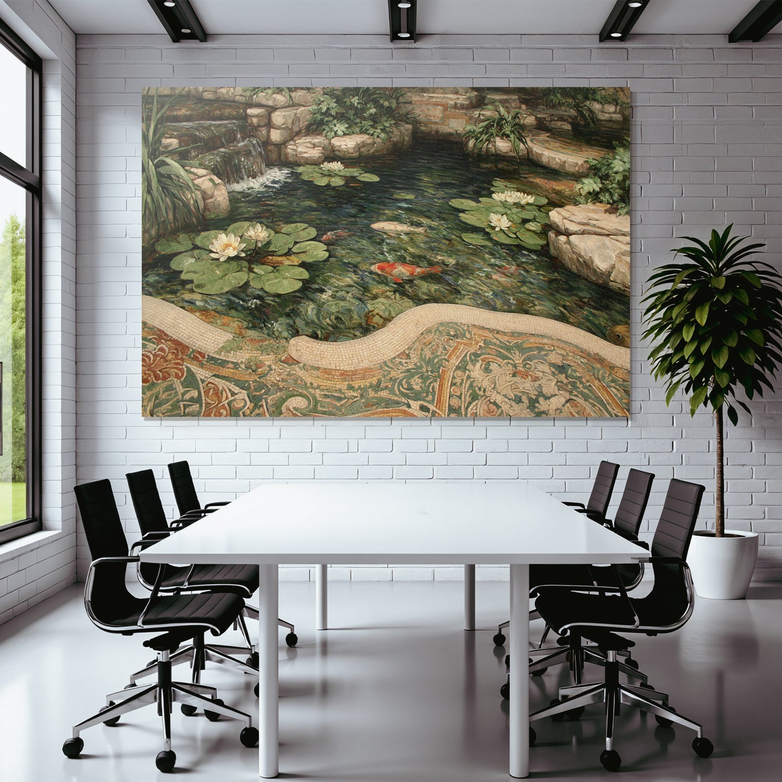 Schoene Landschaft Mit Teich Wasserlilien Koi Fische Umgebung