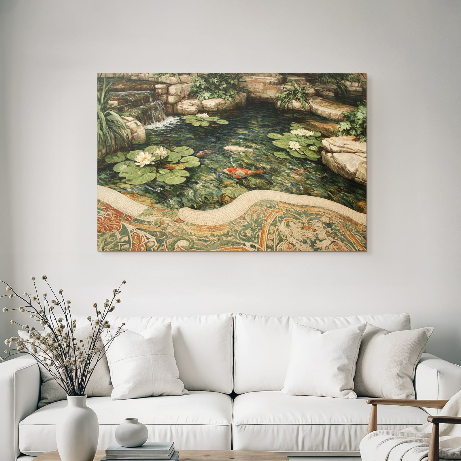 Schoene Landschaft Mit Teich Wasserlilien Koi Fische Umgebung