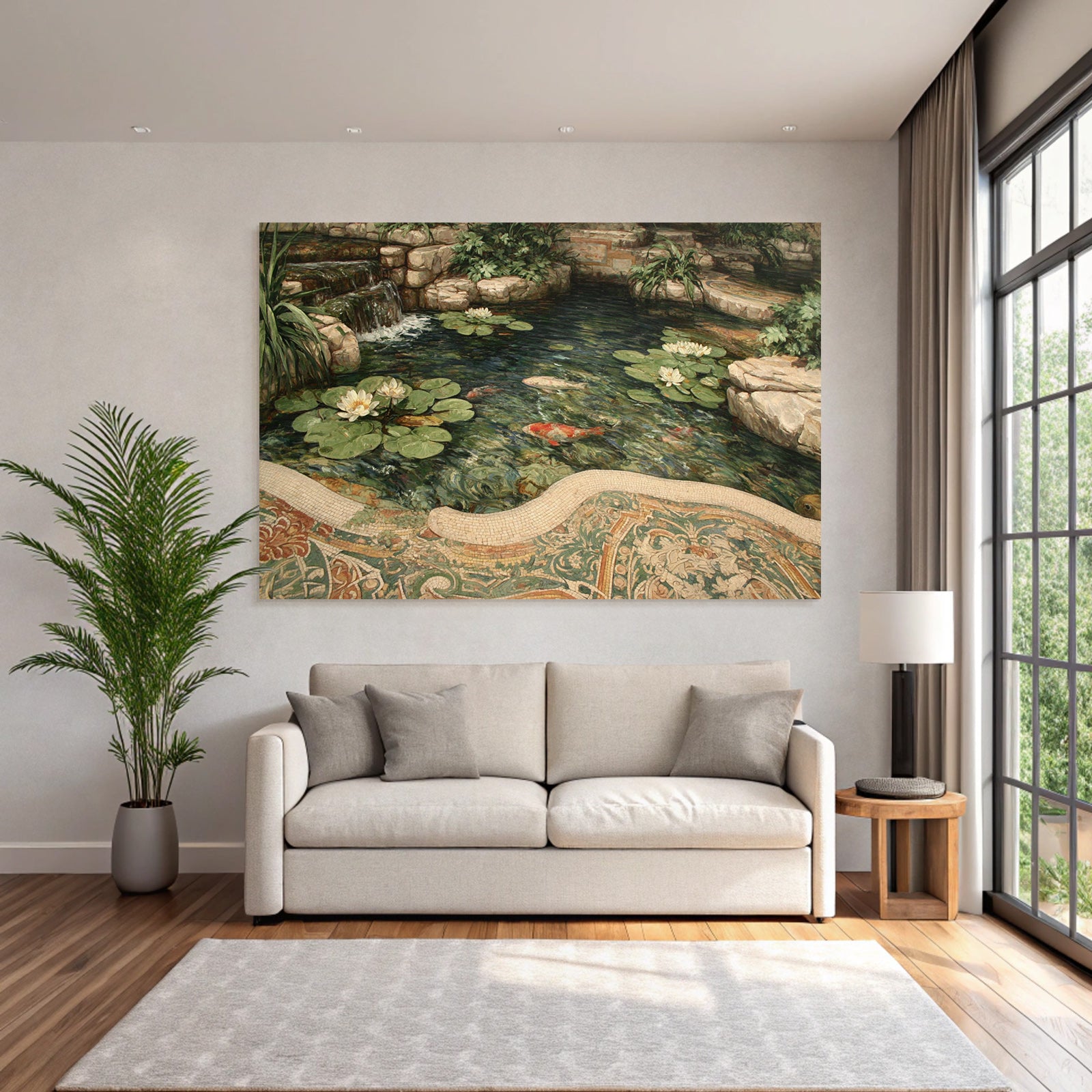 Schoene Landschaft Mit Teich Wasserlilien Koi Fische Umgebung