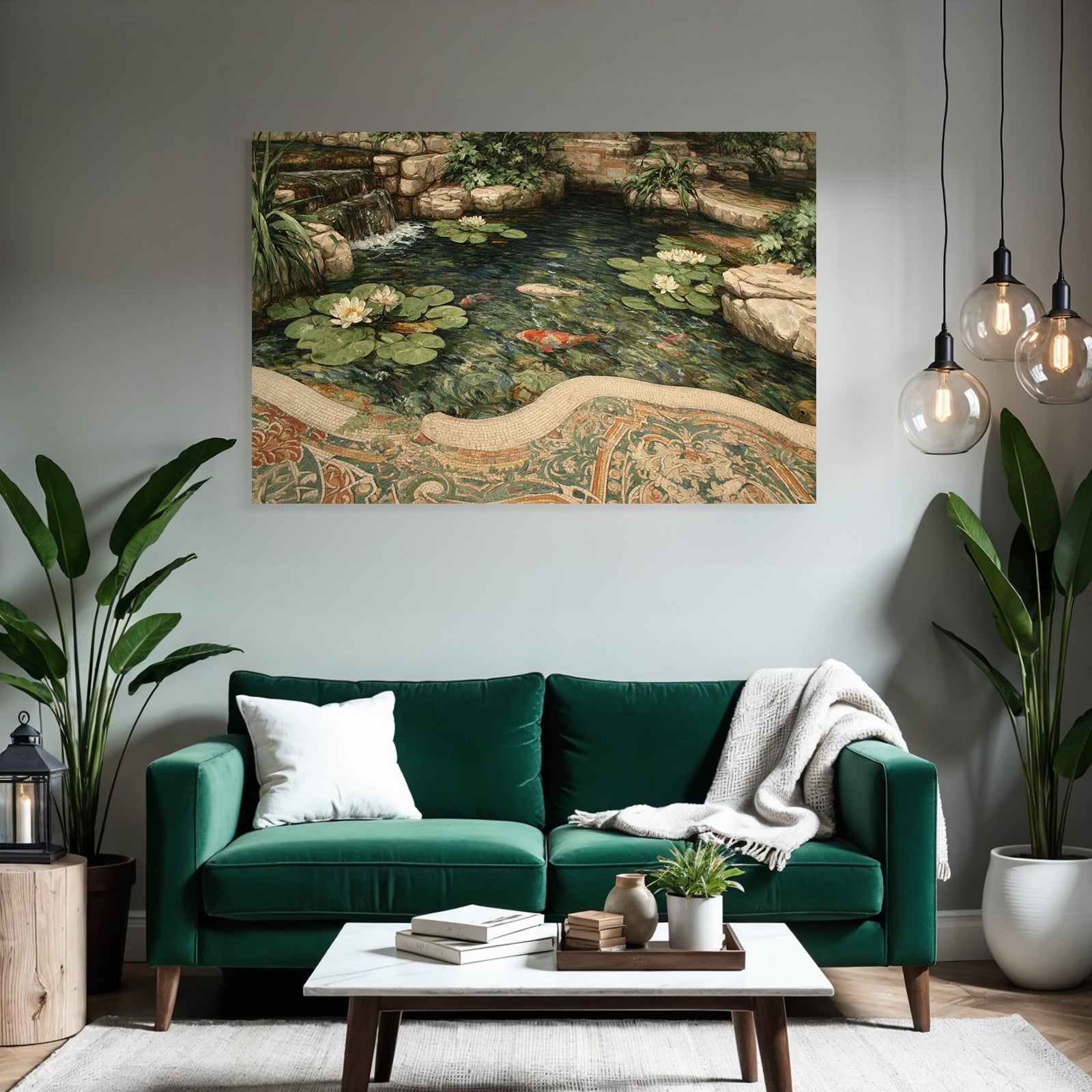 Schoene Landschaft Mit Teich Wasserlilien Koi Fische Umgebung