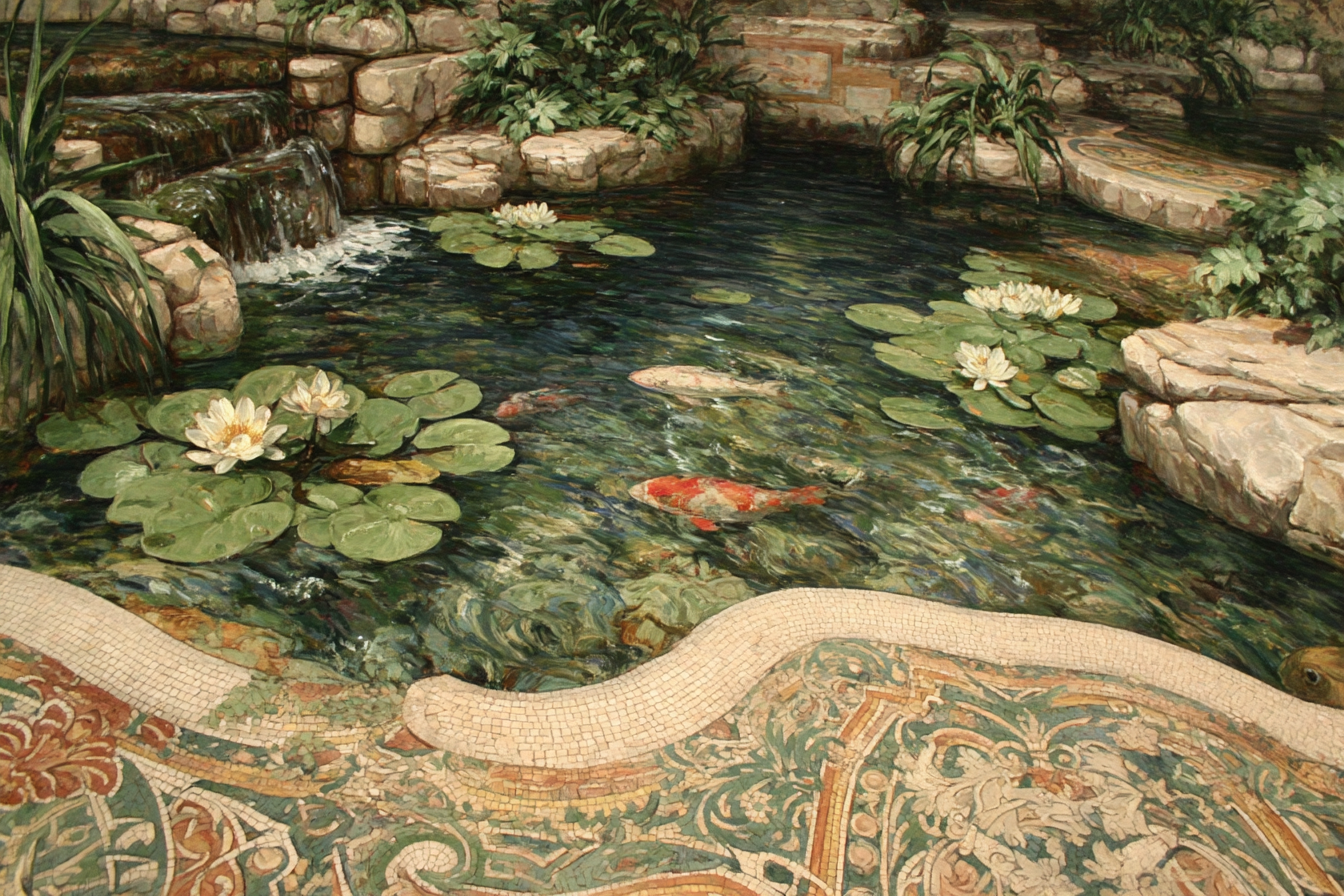 Schoene Landschaft Mit Teich Wasserlilien Koi Fische Umgebung | Klassisch | Einrichtungsstile