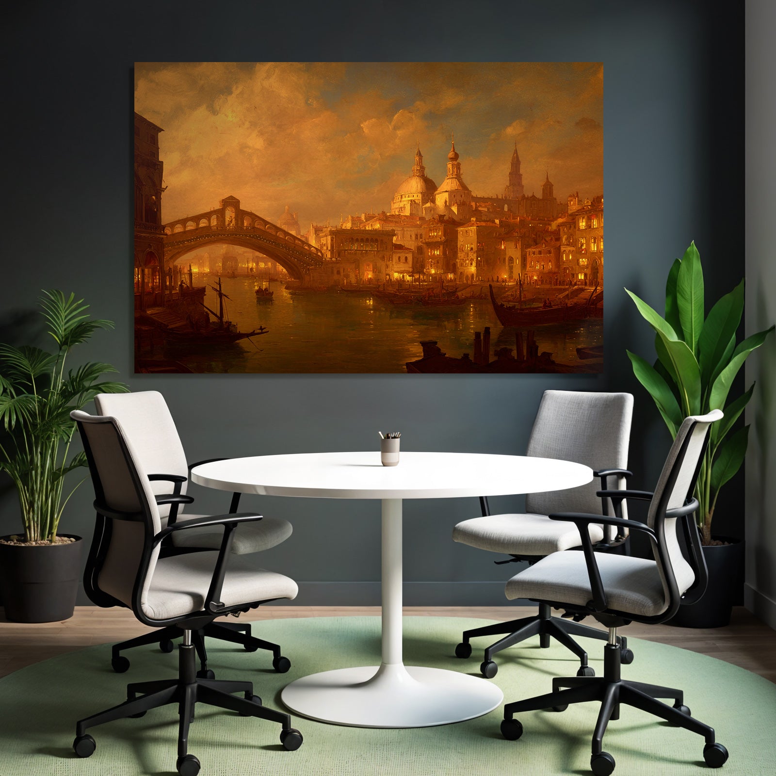 Schoene Wasserfront Mit Bruecke Historischer Architektur Und Boote Unter Goldenem Himmel