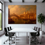 Schoene Wasserfront Mit Bruecke Historischer Architektur Und Boote Unter Goldenem Himmel