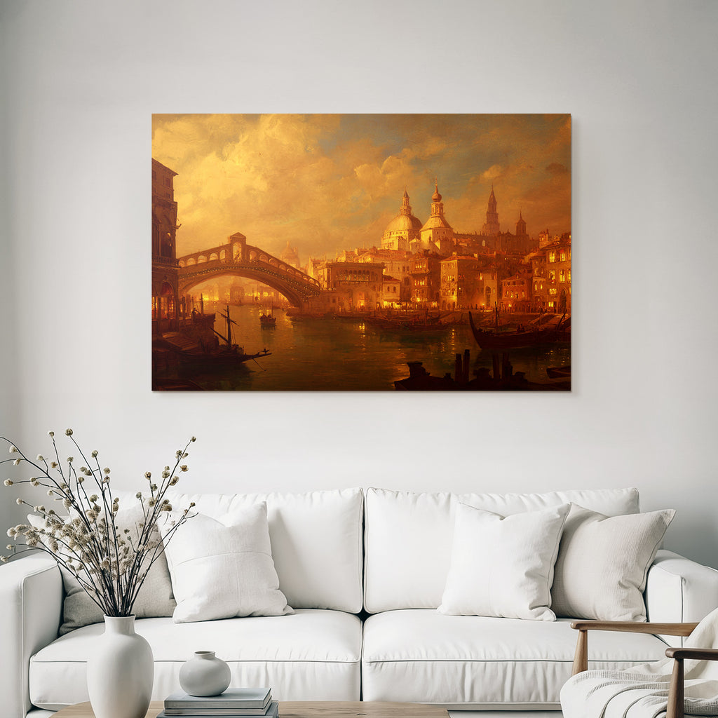 Schoene Wasserfront Mit Bruecke Historischer Architektur Und Boote Unter Goldenem Himmel