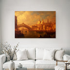 Schoene Wasserfront Mit Bruecke Historischer Architektur Und Boote Unter Goldenem Himmel