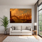 Schoene Wasserfront Mit Bruecke Historischer Architektur Und Boote Unter Goldenem Himmel