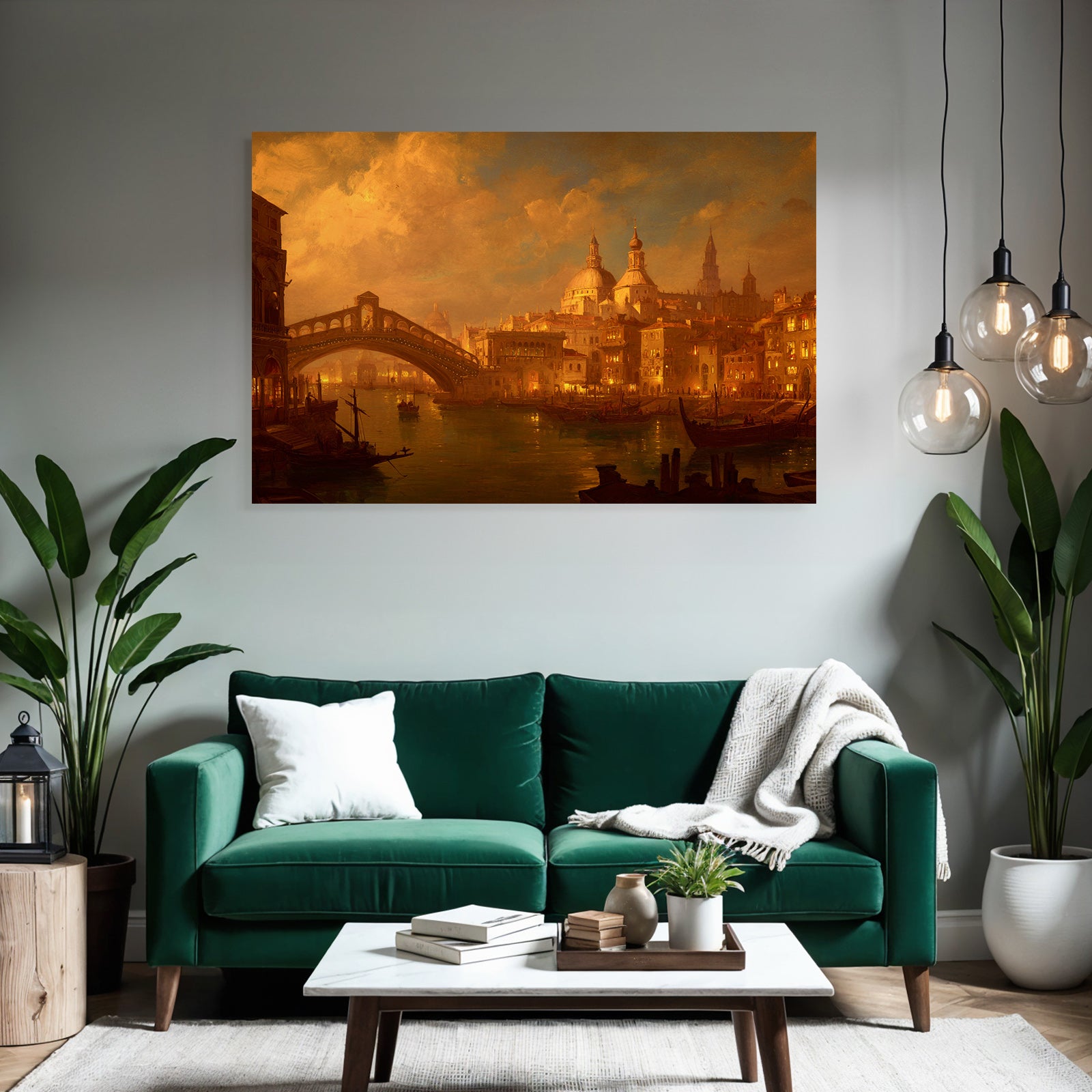 Schoene Wasserfront Mit Bruecke Historischer Architektur Und Boote Unter Goldenem Himmel