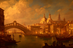 Schoene Wasserfront Mit Bruecke Historischer Architektur Und Boote Unter Goldenem Himmel | Klassisch | Einrichtungsstile