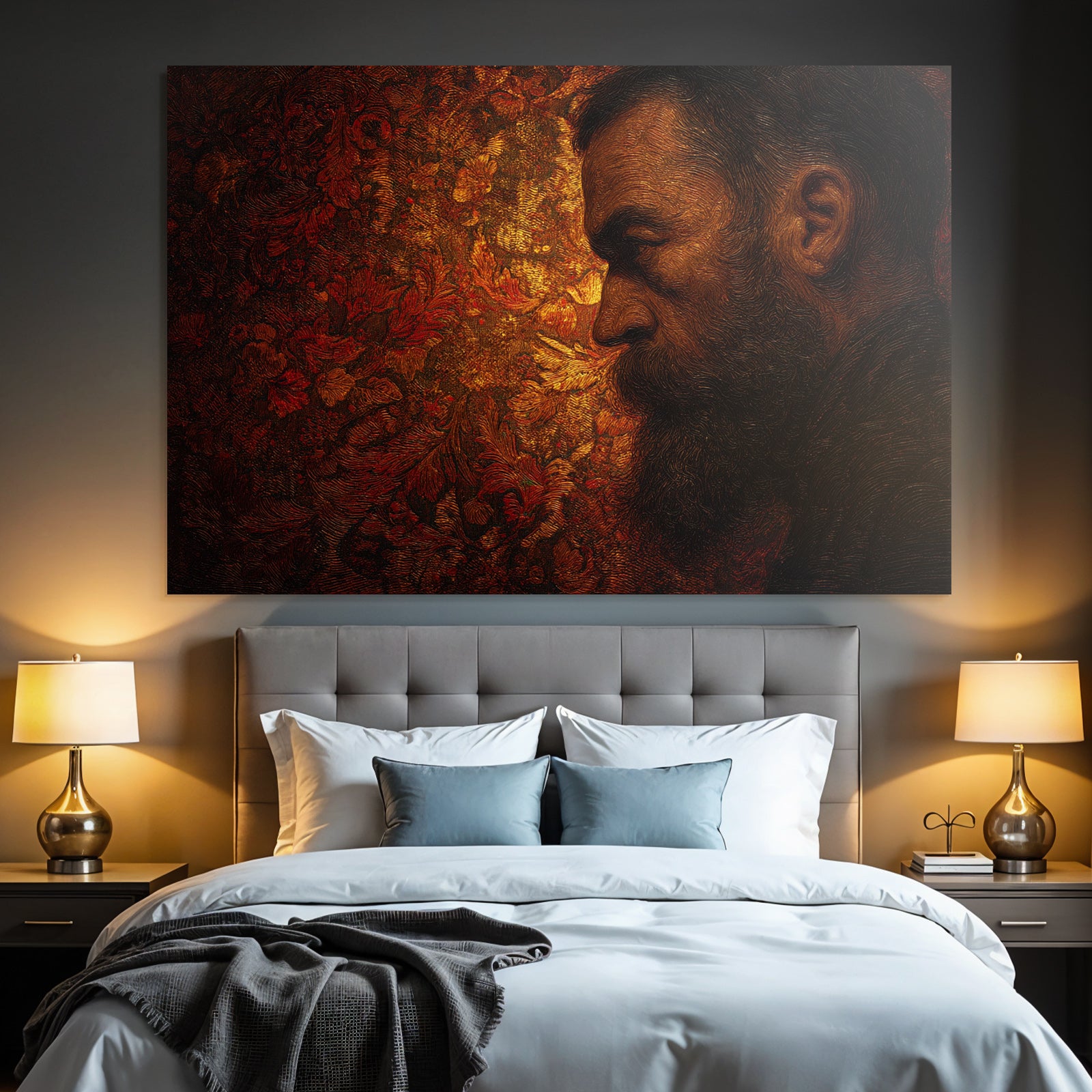 Stylisierte Portraet Eines Mannes Mit Bart Im Profil Mit Floralen Muster Hintergrund