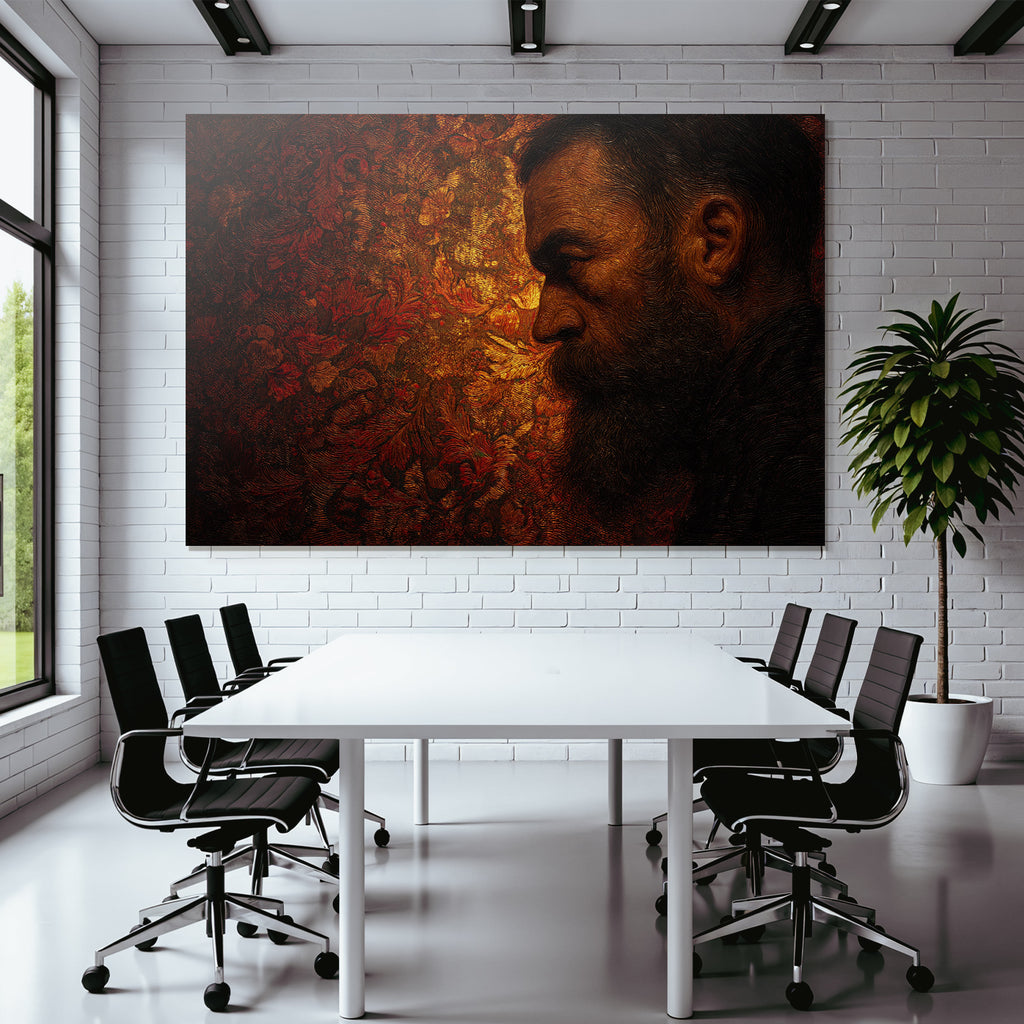 Stylisierte Portraet Eines Mannes Mit Bart Im Profil Mit Floralen Muster Hintergrund