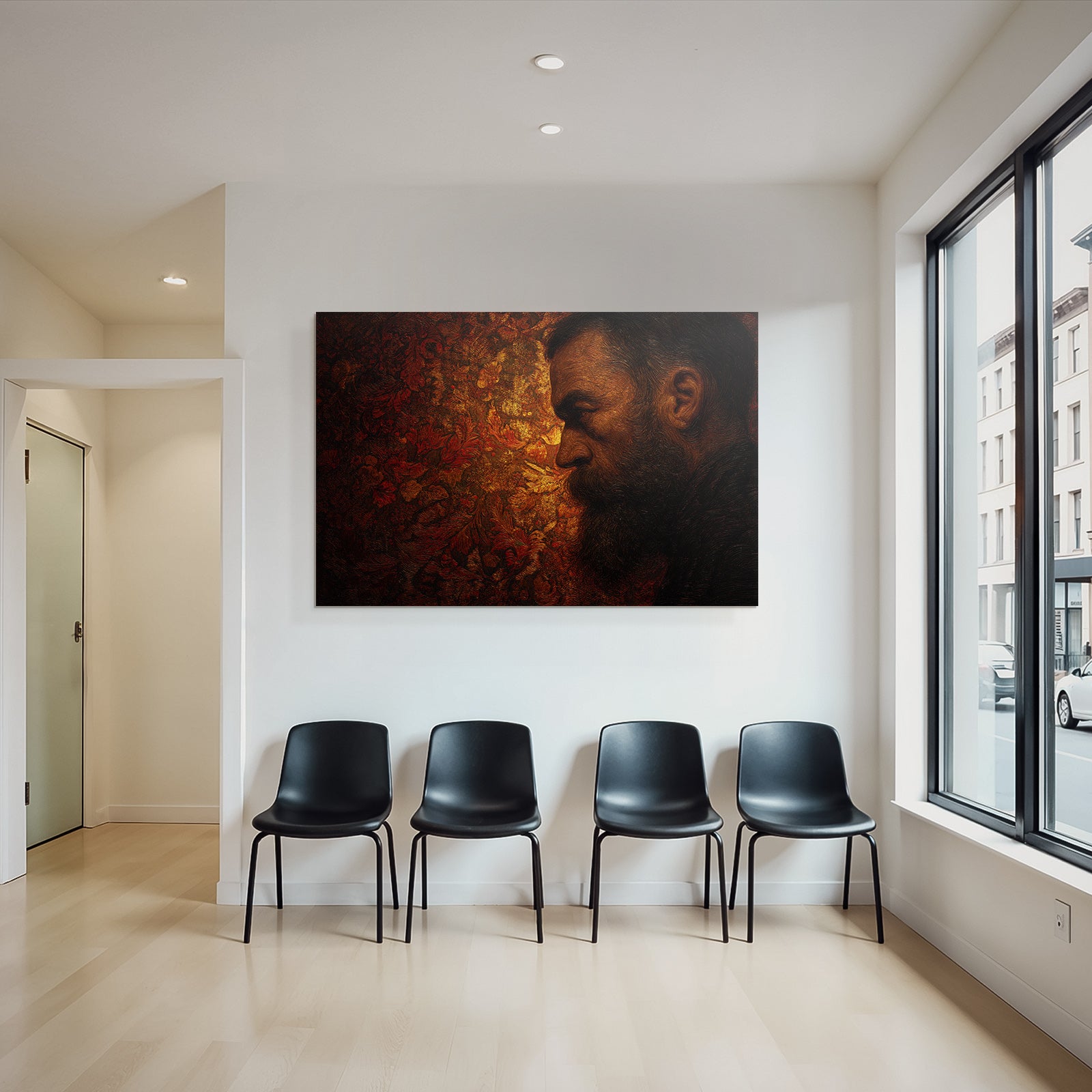 Stylisierte Portraet Eines Mannes Mit Bart Im Profil Mit Floralen Muster Hintergrund