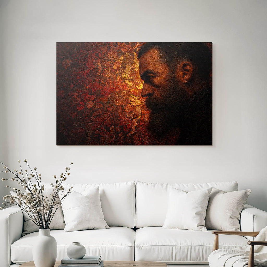 Stylisierte Portraet Eines Mannes Mit Bart Im Profil Mit Floralen Muster Hintergrund