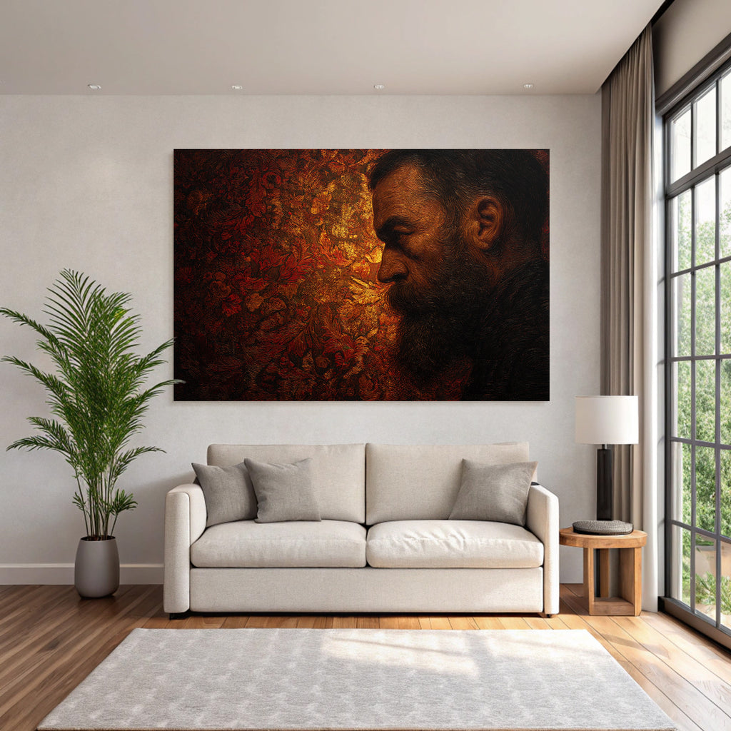 Stylisierte Portraet Eines Mannes Mit Bart Im Profil Mit Floralen Muster Hintergrund