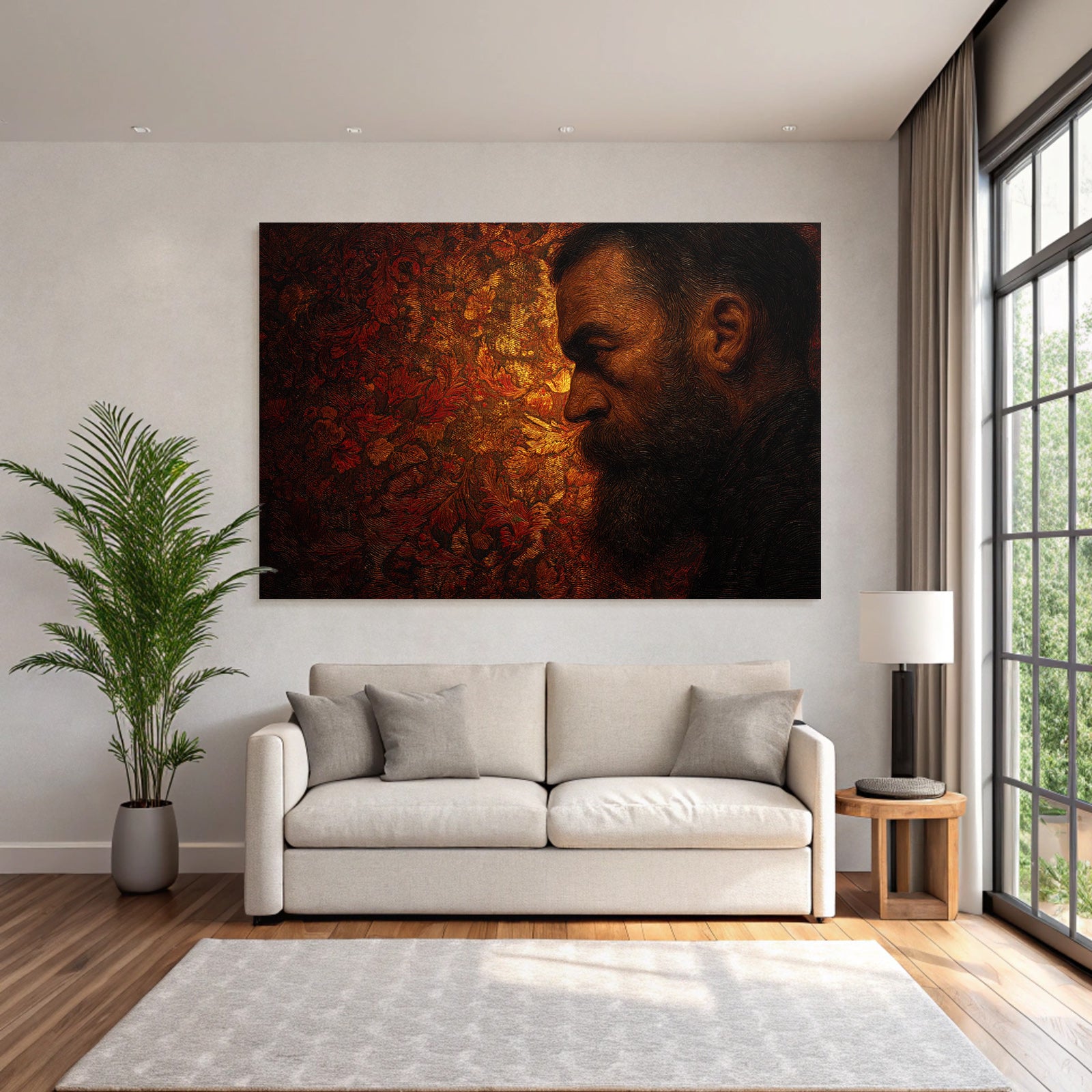 Stylisierte Portraet Eines Mannes Mit Bart Im Profil Mit Floralen Muster Hintergrund