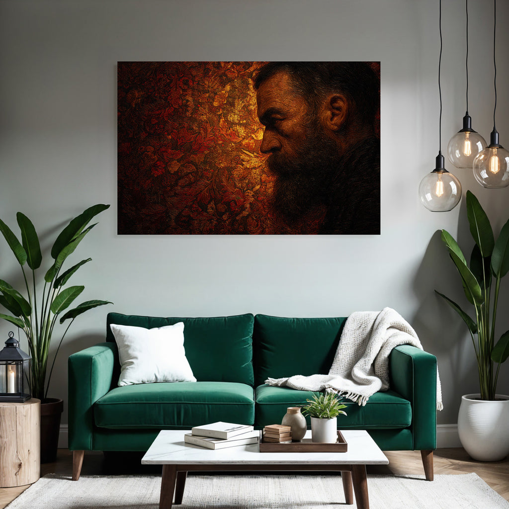 Stylisierte Portraet Eines Mannes Mit Bart Im Profil Mit Floralen Muster Hintergrund