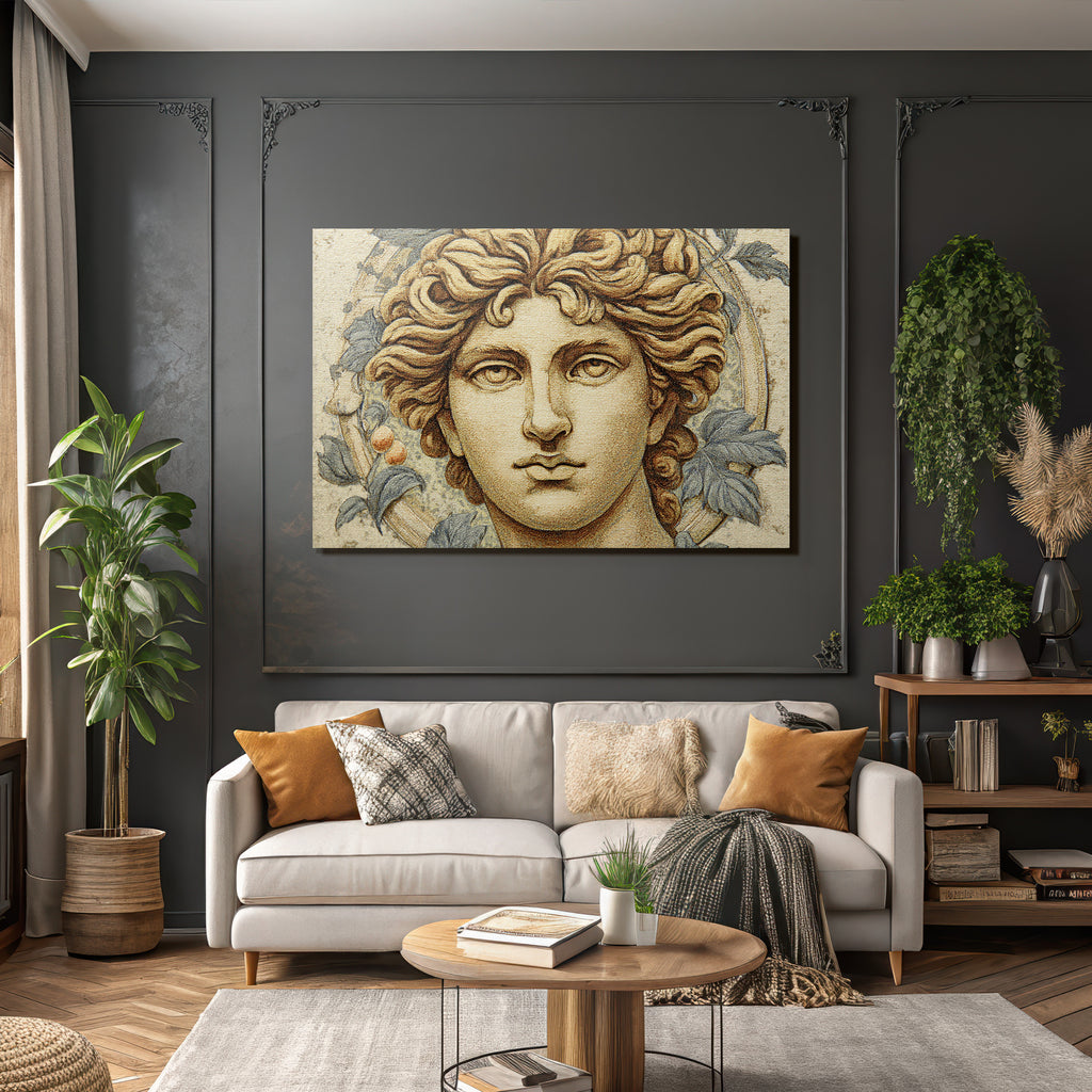Stylisierte Portraet Junger Mann With Lockiges Haar Mit Blaettern Und Frucht