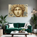 Stylisierte Portraet Junger Mann With Lockiges Haar Mit Blaettern Und Frucht