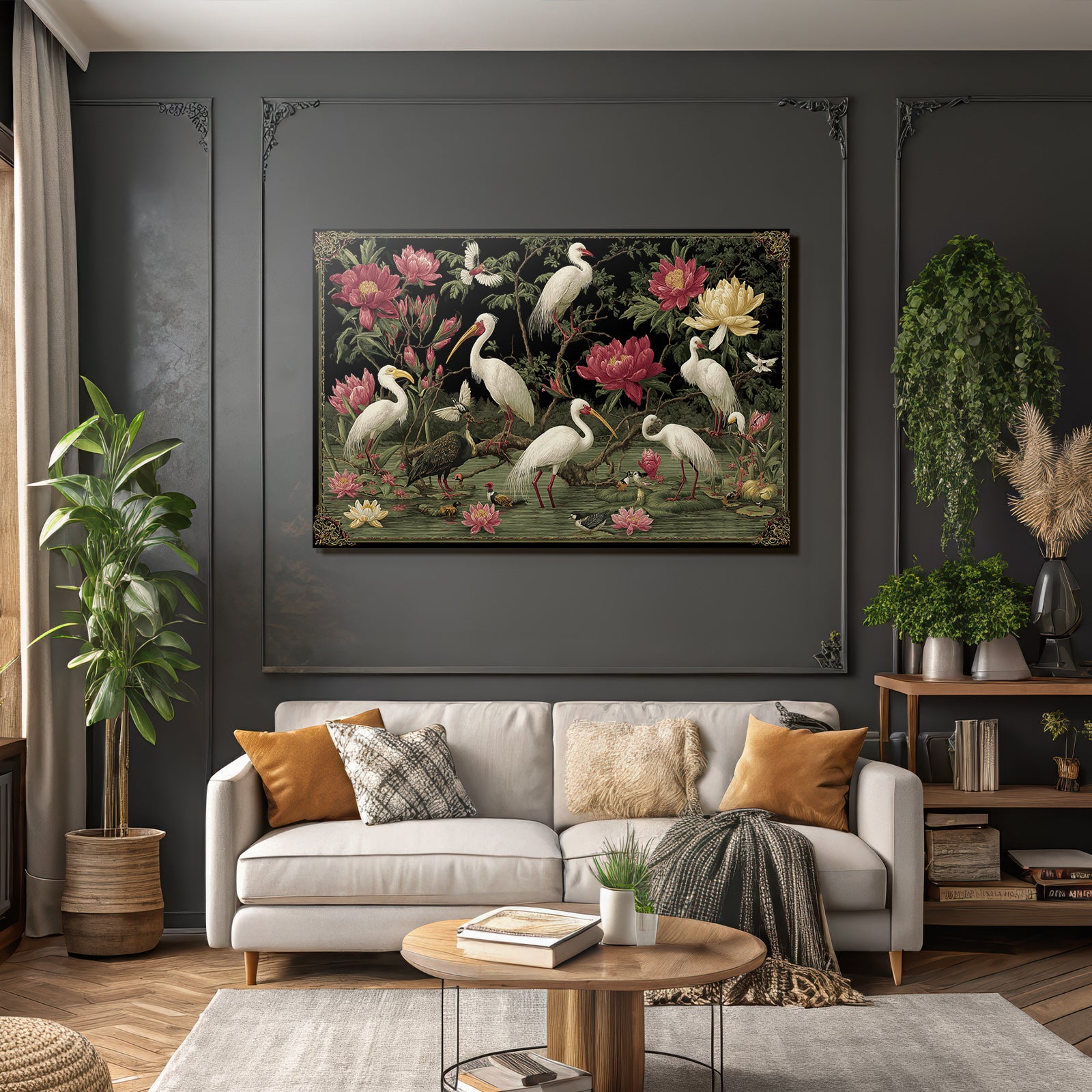 Vogelillustration Mit Lotus Und Paeonien In Landschaft