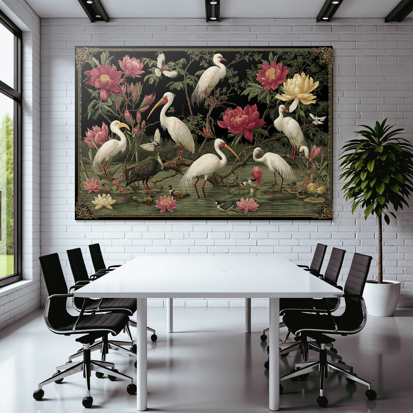 Vogelillustration Mit Lotus Und Paeonien In Landschaft