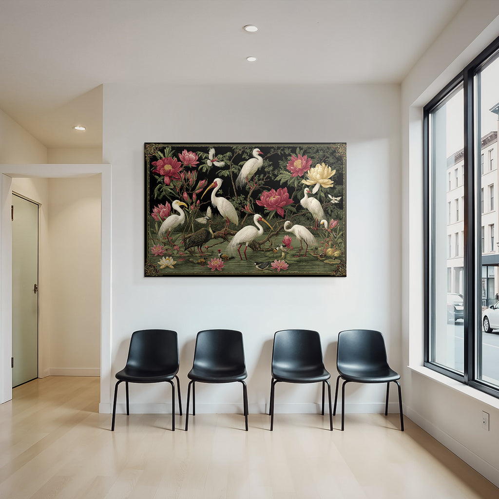 Vogelillustration Mit Lotus Und Paeonien In Landschaft