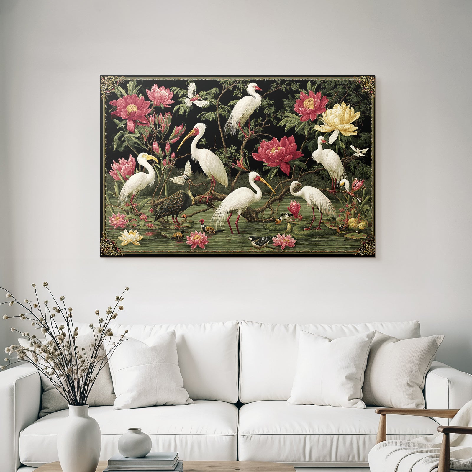 Vogelillustration Mit Lotus Und Paeonien In Landschaft
